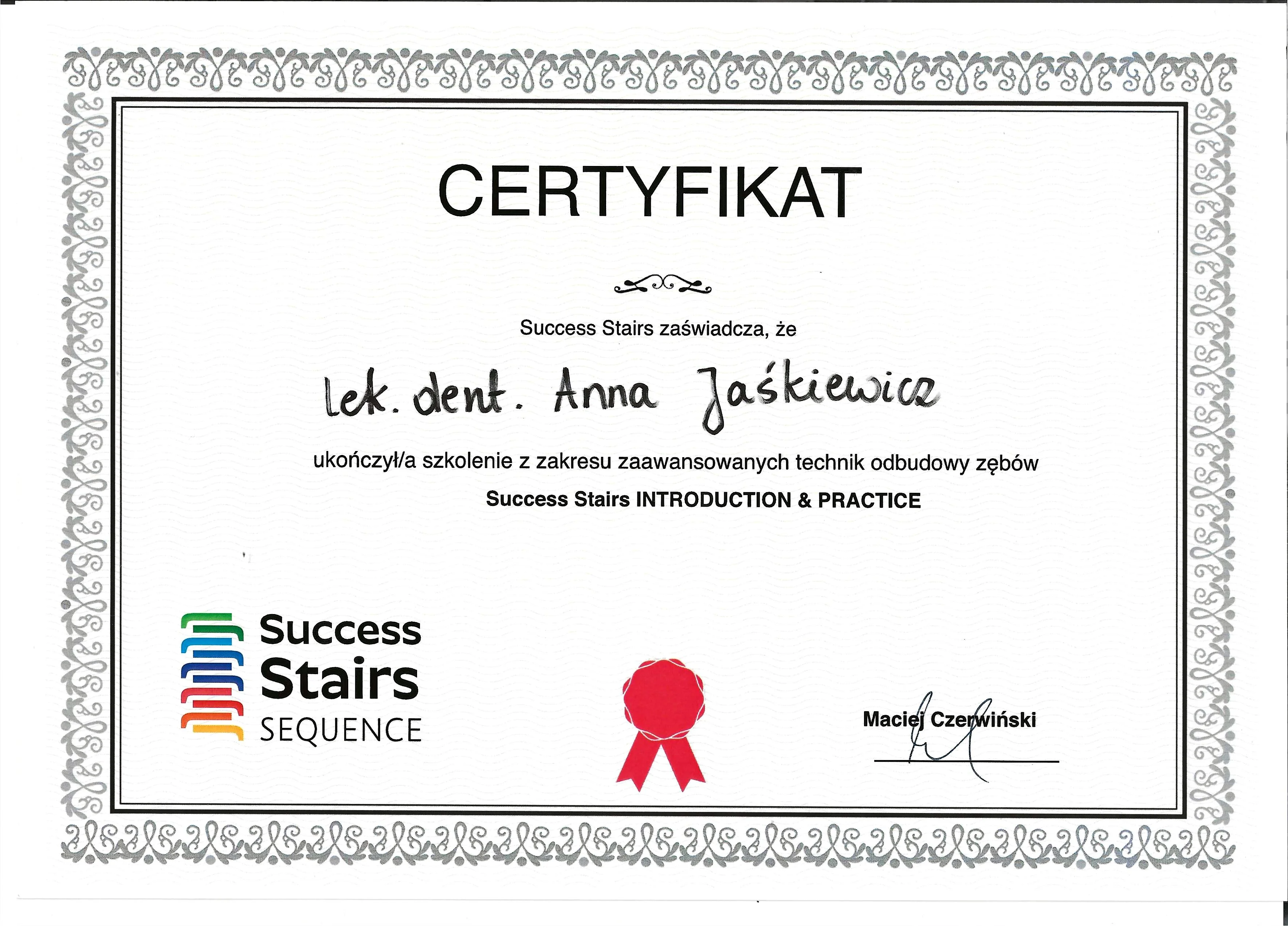 Certyfikat Stomatologia - Anna Jaśkiewicz